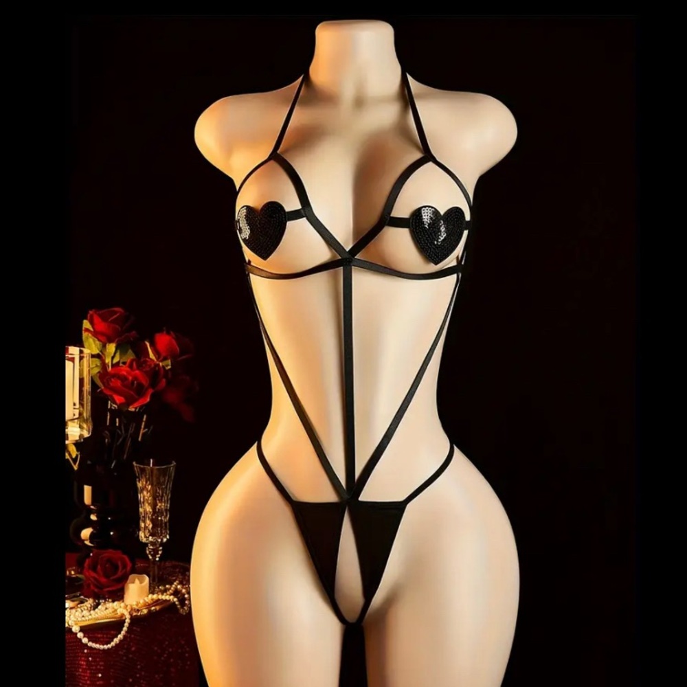 NWT Black Heart Strappy Teddy Lingerie Set